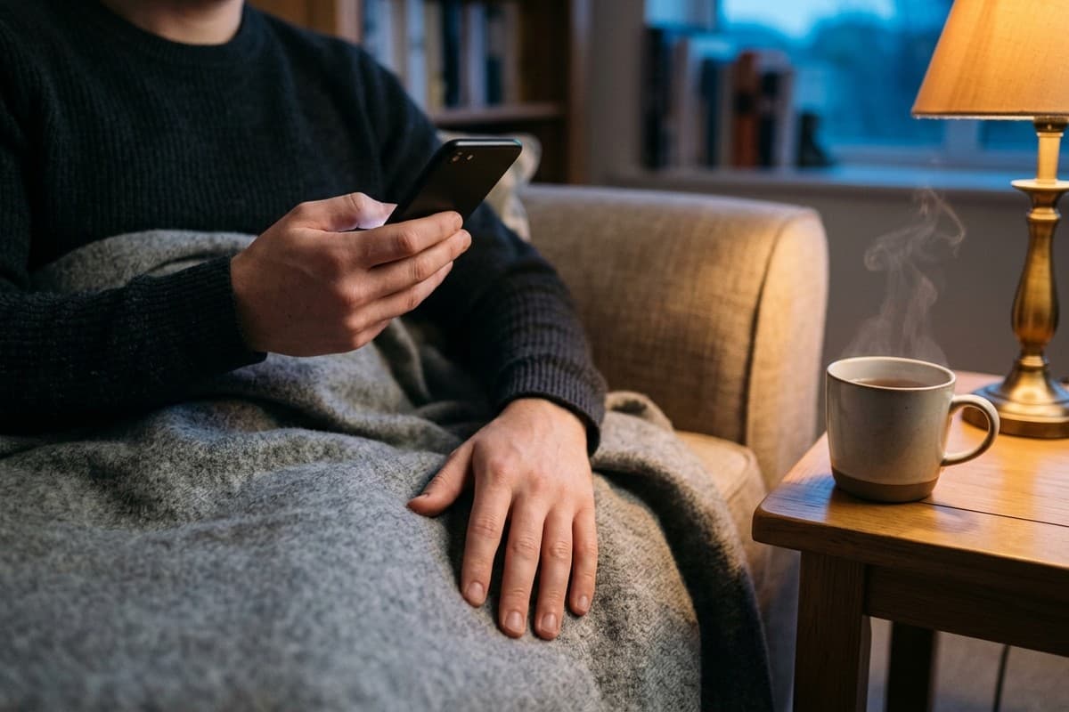 Eine Person sitzt am Abend unter einer grauen Wolldecke und schaut auf ihr Smartphone, daneben eine Tasse Tee und eine Lampe