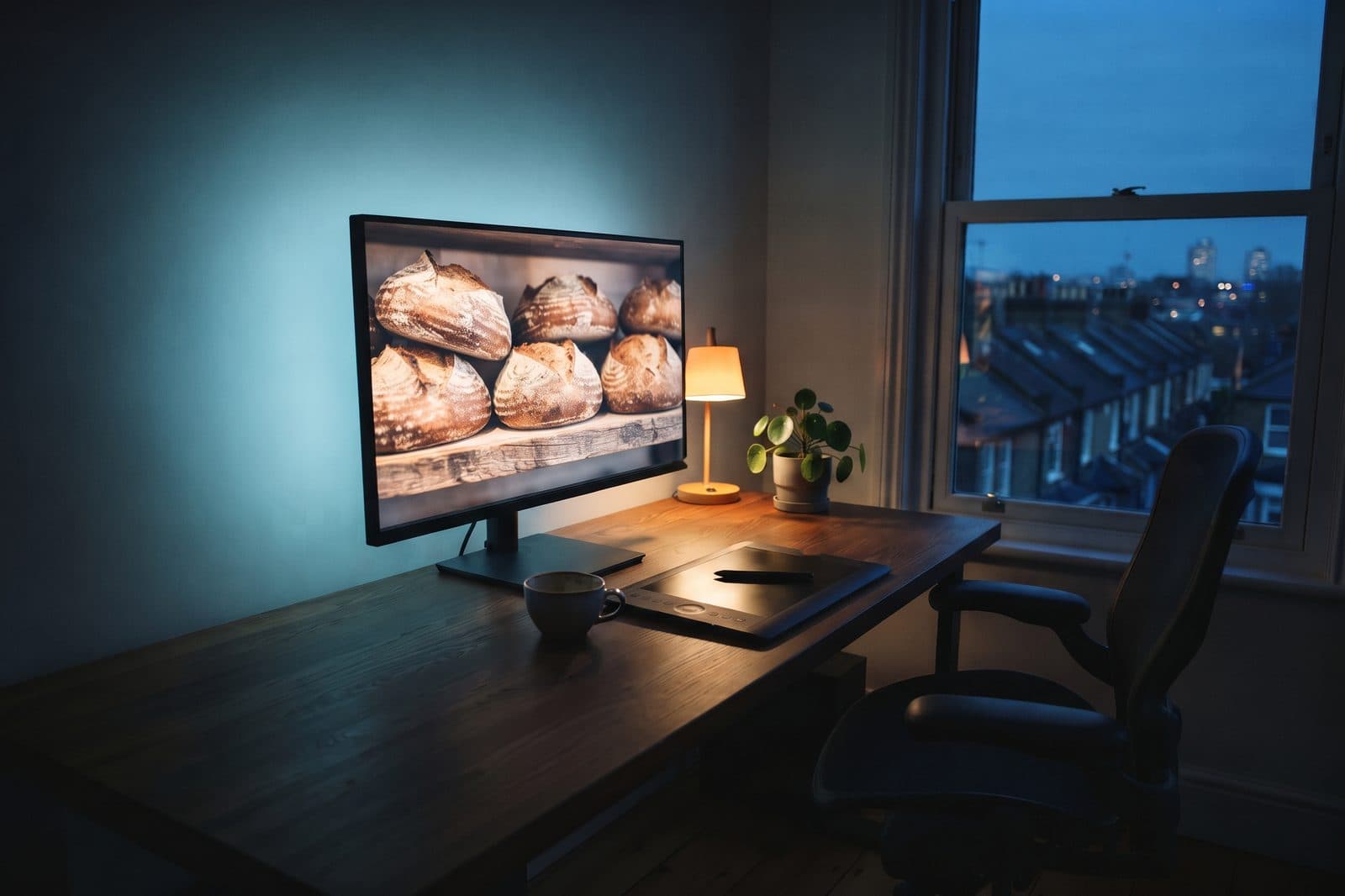 Arbeitsplatz eines Webdesigners am Abend: Monitor mit dem Foto von Brotlaiben im Regal, Grafiktablett, Tasse und Schreibtischlampe vor dem Fenster