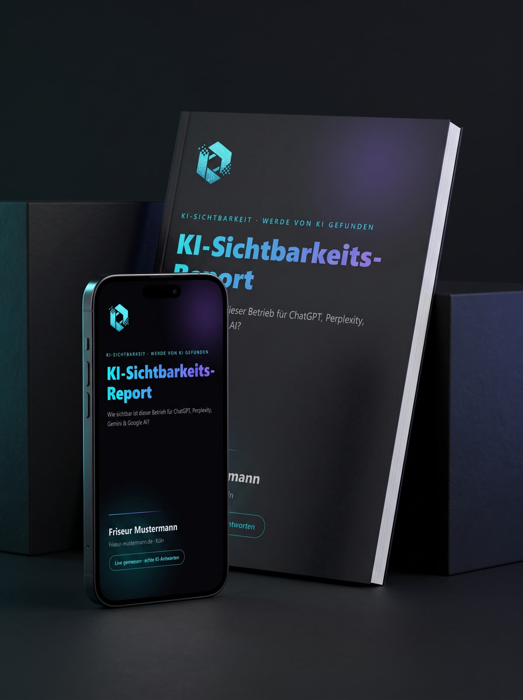KI-Sichtbarkeits-Report als Mockup: Deckblatt auf Smartphone vor gedrucktem Exemplar