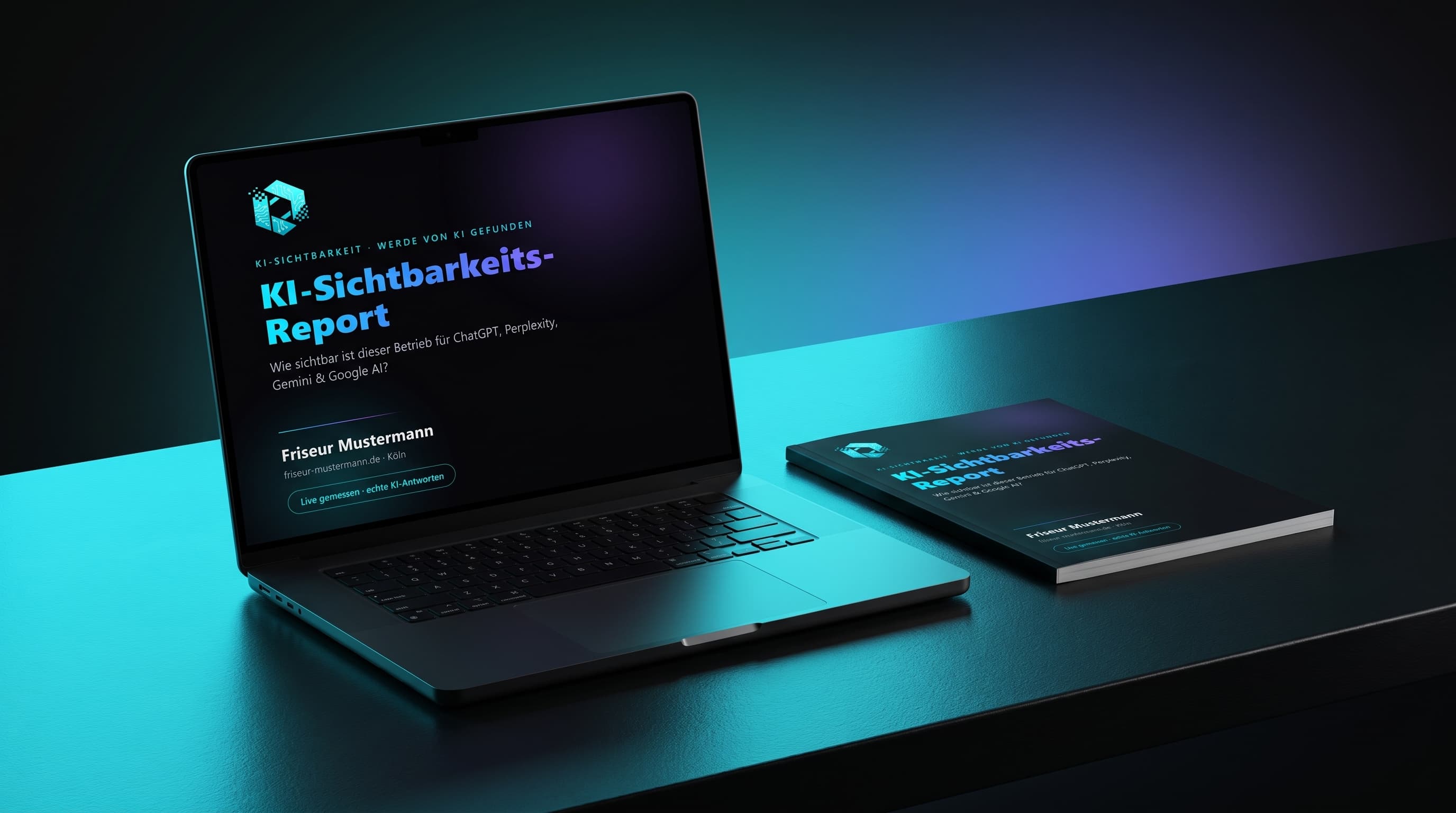 KI-Sichtbarkeits-Report als Mockup: Deckblatt auf Laptop-Bildschirm neben gedrucktem Exemplar
