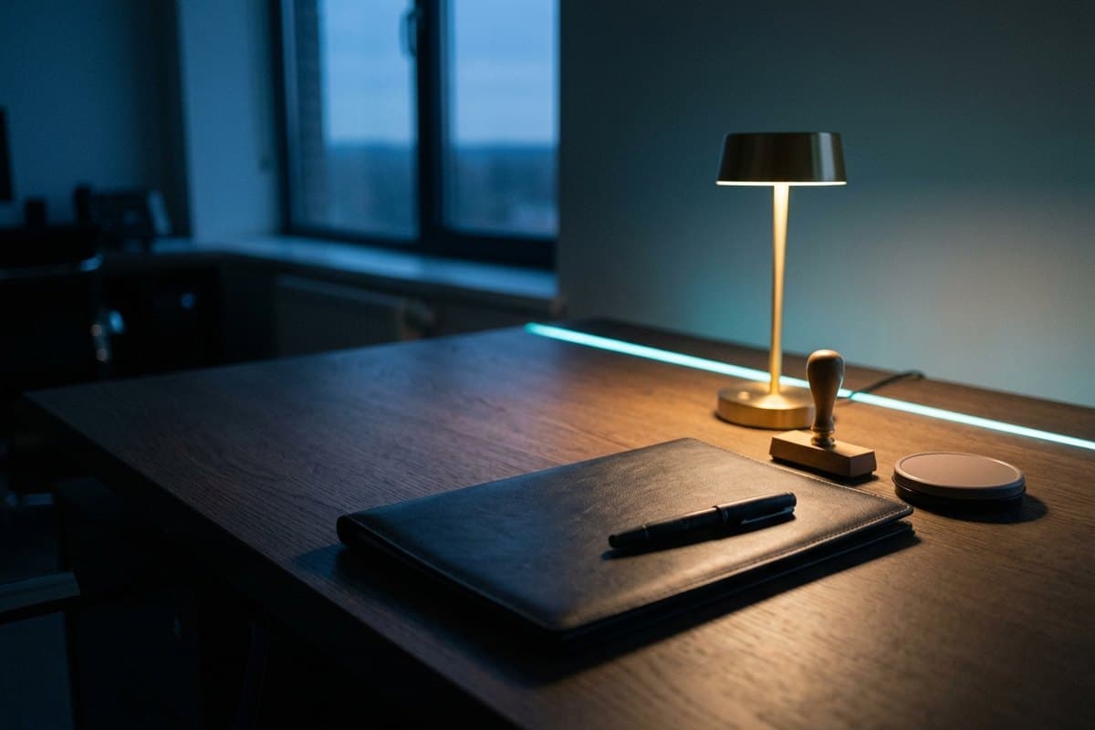 Schreibtisch am Abend mit Ledermappe, Füller, Holzstempel und Stempelkissen im Licht einer Tischlampe