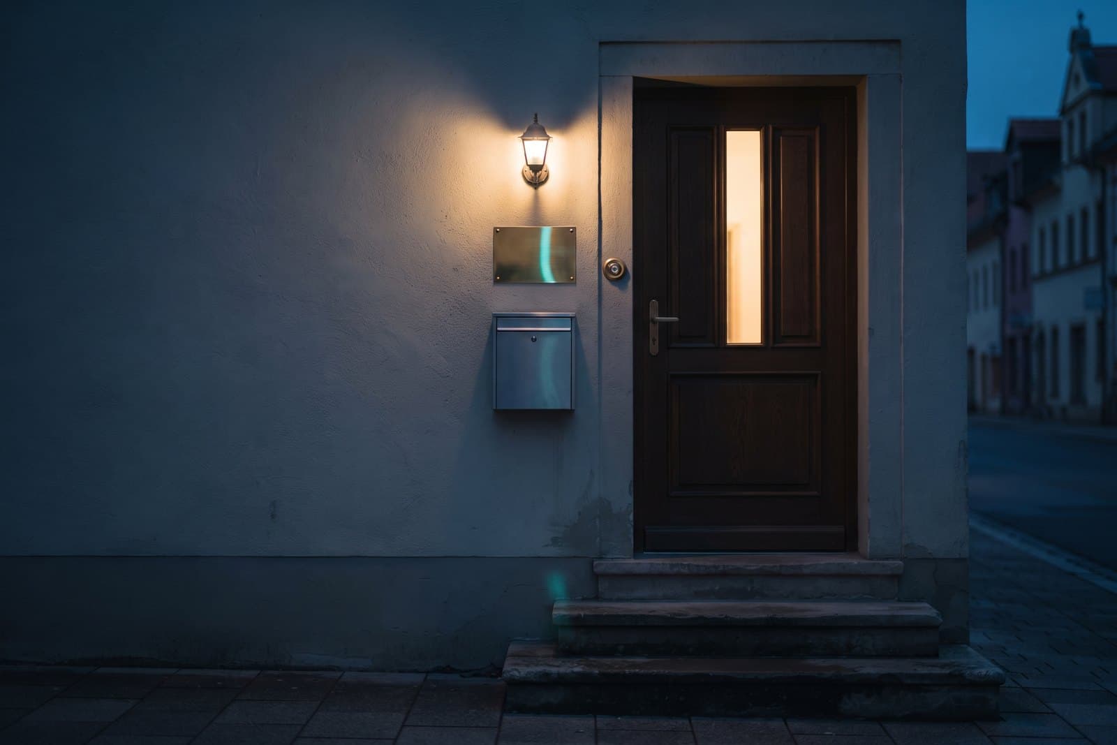 Eingang eines kleinen Büros am Abend mit Holztür, Briefkasten, glattem Messingschild und Klingel