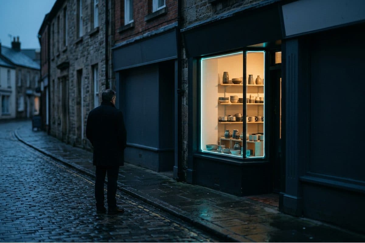 Abends in einer Altstadtgasse: Ein Passant bleibt vor dem einzigen hell erleuchteten Schaufenster mit Keramik stehen