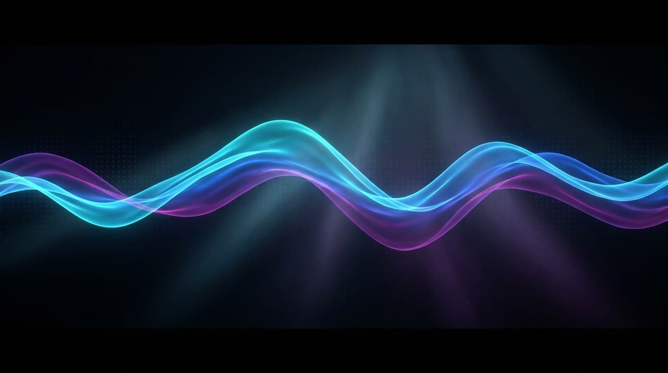 Abstrakte Visualisierung einer Sprachwelle — Symbol fuer die Sprach-KI, die die fuenf Strecken orchestriert.