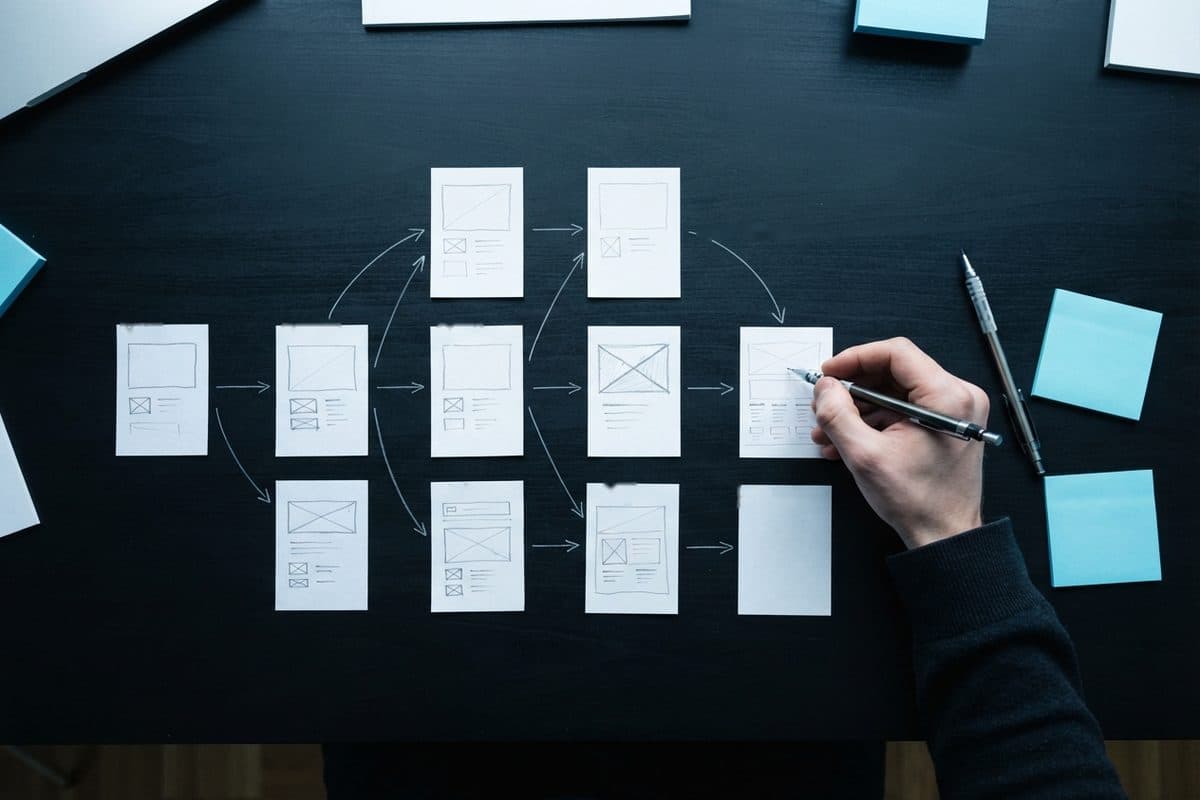 Seitenstruktur einer Website aus Papierkarten mit Bleistiftskizzen und Pfeilen